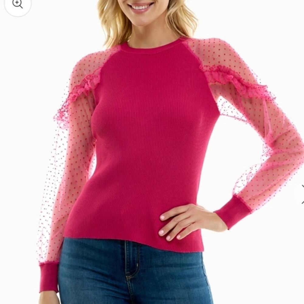 ❤️🔥NWT Nicole Miller Mesh Sleeve Ribbed Top Berry Size M
